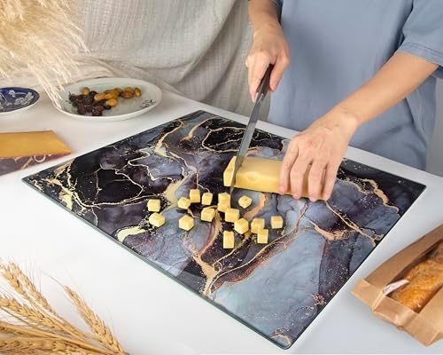Kitchenville Glass Cutting Board 20”x16”: Tempered Glass Kitchen Counter Protector - Durable- Scratch-Resistant, Heat-Proof - Design 8 - Grey & Gold