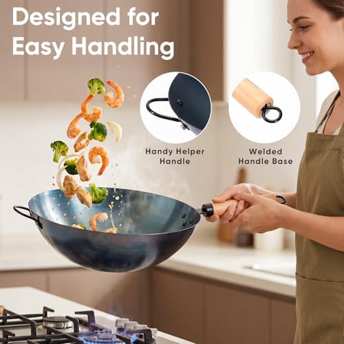 NEWBULIG 13.5" Carbon Steel Wok Pan, Pre-Seasoned Flat Bottom Wok for Stir Fry, BBQ, Grill & Camping, Compatible with Induction, Electric, Gas and Open Fire, Blue