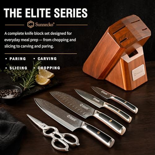 Sunnecko 7-Piece Damascus Kitchen Knife Set with Block, VG10 Core, Forged