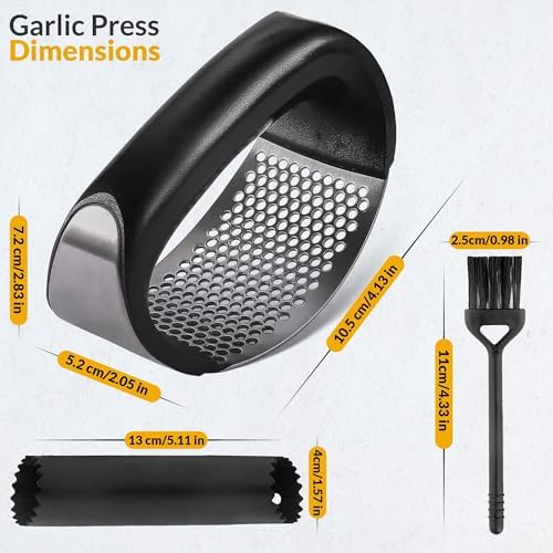 Garlic Press - Stainless Steel Rust Proof & Dishwasher Safe Garlic Twister Mincer, Durable Garlic Crusher Chopper with Peeler, Brush, Easy to Clean, Kitchen Gadgets Tool for Garlic, Ginger, Spices
