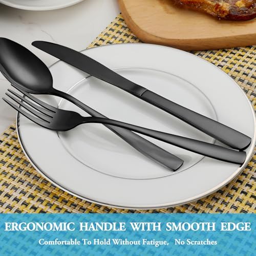 60 Pcs Black Silverware Set, Stainless Steel Flatware Set Service for 12, Mirror Polished Cutlery Utensil Set, Durable Home Kitchen Eating Tableware Set, Include Fork Knife Spoon Set, Dishwasher Safe
