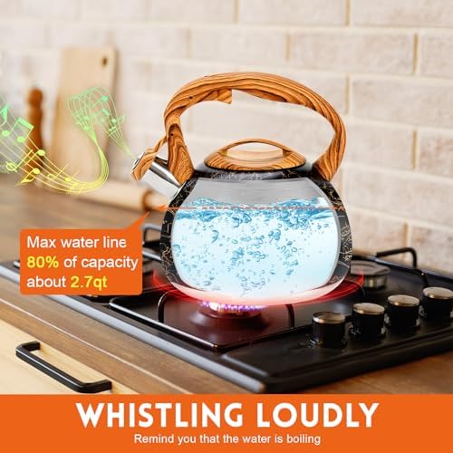 GGC Tea Kettle for Stove Top, Loud Whistling Kettle for Boiling Water Coffee or Milk, 3.1 Quart Stainless Steel Art Line Black Kettle with Wood Pattern Handle, Unique Button Control Kettle Outlet