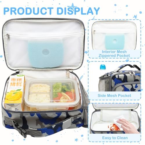 FlowFly Kids Lunch box Insulated Soft Bag Mini Cooler Back to School Thermal Meal Tote Kit for Girls, Boys,Blue Camo
