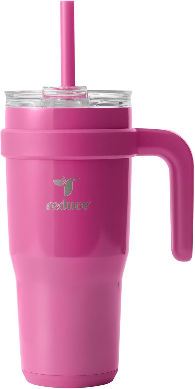REDUCE 24 oz Stainless Steel Tumbler with Handle - Dual-Wall Vacuum Insulated Travel Mug, Sweat-Proof Lid & Reusable Straw - Keeps Drinks Cold for 24 Hrs, Fits Cupholders, Dishwasher Safe - Sangria