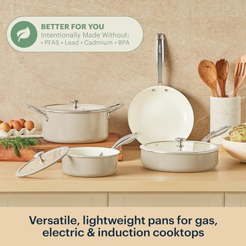 Pyrex 7-Piece Ceramic Cookware Set, Pots and Pans with Lids & Handles