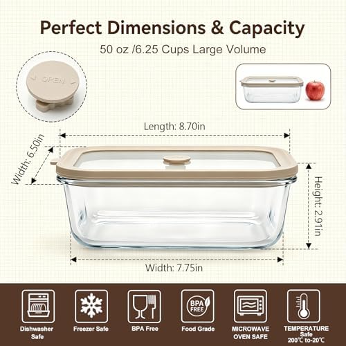 50 oz Glass Food Storage Containers with Glass Lids, 2 Pack