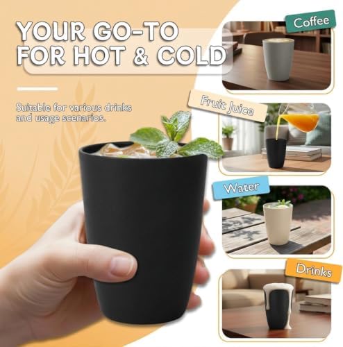 Wrova Wheat Straw Cups Set of 6, 12 OZ Plastic Cups Reusable Kitchen Cups,Dishwasher Safe Water Cups for Kids, Unbreakable Drink Cups for Juice,Ice Coffee,Tea- Black & Gray