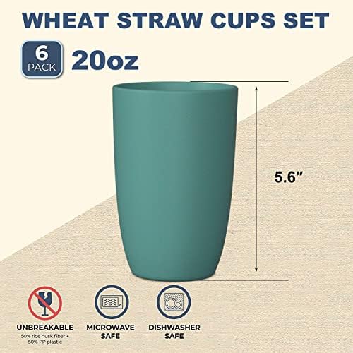 Wrova Wheat Straw Cups 6 PCS Good Alternative to Plastic Reusable Cups 20 oz Unbreakable Drinking Cup Reusable Dishwasher Safe Water Plastic Glasses Green