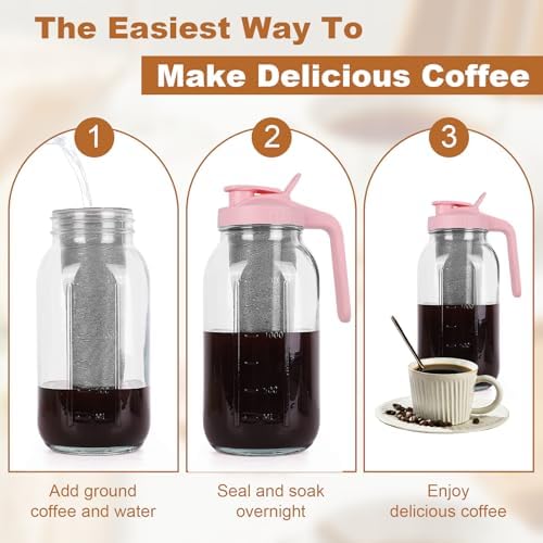 Cold Brew Coffee Maker, 64 oz Mason Jar Pitcher with Stainless Steel Filter, Pour Spout Handle Lid, Heavy Duty Glass Airtight & Leak-Proof for Iced Coffee,Tea & Lemonade