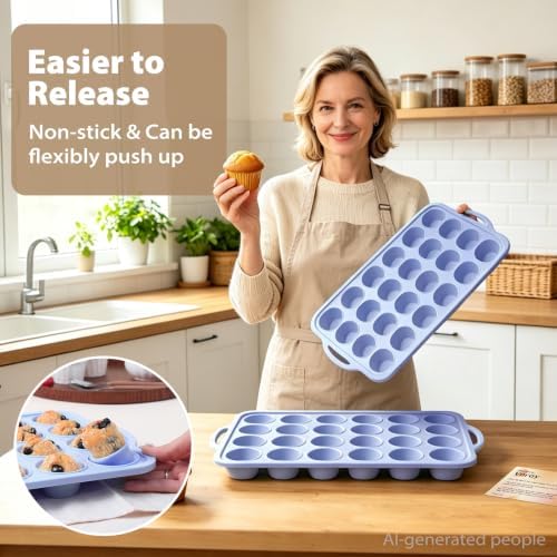Blue Mini Silicone Cupcake Pan: 2 Pack 24 Small Cupcake Tin for Baking