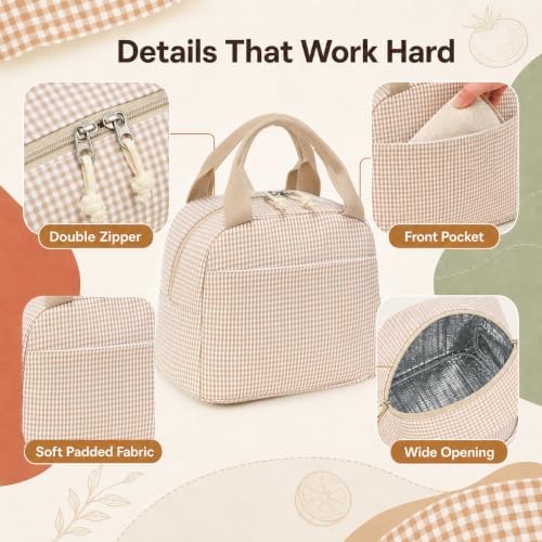 Bluboon Lunch Box for Women Cute Lunch Bag Reusable Insulated Lunch Bags Large Capacity Lunchbox Cooler for Work Picnic or Travel Gifts (Sage Green Checker, 10 x 7.5 x 8 inches)