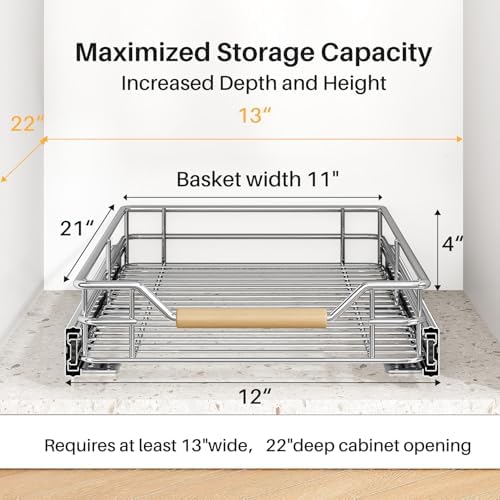 Pull out Cabinet Organizer, 12"W X 21"D, Heavy Duty Smooth Sliding Under Cabinet Shelves for Pots and Pans, Full-Extension Roll out Drawers, Slide out Organization for Home Kitchen Pantry