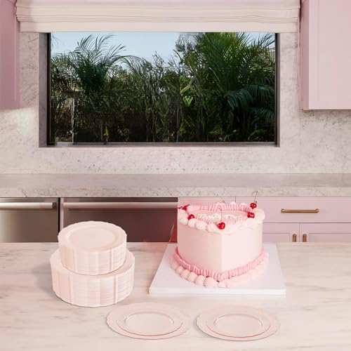 U-QE 100PCS Mauve Pink Plastic Plates - Heavy Duty Pink Disposable Plates