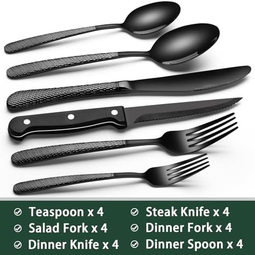 EWFEN 24-Piece Black Silverware Set with Steak Knives, Black Flatware Set for 4, Food-Grade Stainless Steel Tableware Cutlery Set, Mirror Finished Utensil Sets for Home Restaurant, Round Hammered