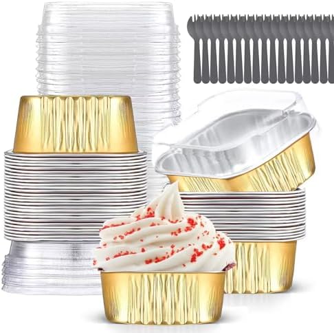 10oz Mini Cake Pans with Lids (40 Pack) Aluminum Foil Square Cupcake Liners Brownie Baking Cups,Disposable 4”x4” Large Cupcake Pan,Jumbo Muffin Tin Ramekins Holders