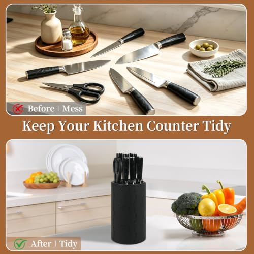 Knife Block Without Knives,Travertine Stone Look Round Universal Knife Holder with Slots for Scissors & Sharpening Rod,Safe Space Saver Knife Storage Stand,Detachable Knife Organizer - Matte Black