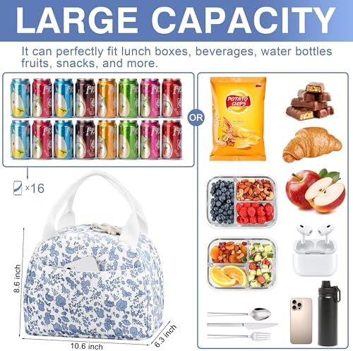 TESAFNG Lunch Bag - Insulated Lunch Box for Women, Reusable Large Capacity Cooler Bag for Adult, Small Leakproof Cute Corduroy Lunch Tote for Work Office Travel Picnic (Corduroy Light Blue-Flower)