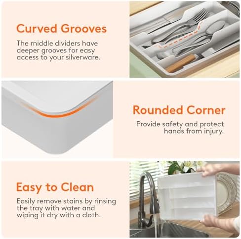 Lifewit Silverware Drawer Organizer Tray, Plastic Cutlery Storage for Kitchen, Flatware and Utensil Holder Divider for Spoons Forks Knives Tableware, 9.5 x 13.4", 5 Slots, White