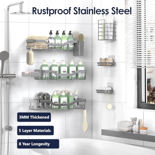 NESOMI Shower Caddy Adhesive Shower Organizer 8-Pack, Rustproof Stainless Steel Bathroom Shelves, Large Capacity No-Drill Rack Storage Accessories with Soap Dish Toothbrush Holder Hooks