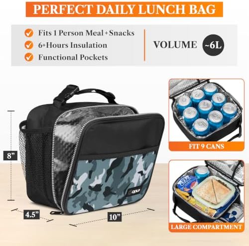 opux Insulated Lunch Bag for Kids, Reusable Lunch Box for School,Camo Green