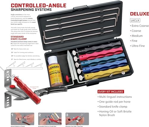 Lansky Deluxe Knife Sharpening System: 5-Stone Ceramic Knife Sharpener Kit with Honing Oil - LKCLX