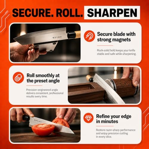 Rolling Knife Sharpener 15 & 20 Degrees Dual Angle Magnetic Knife Sharpener Kit for Kitchen & Chef Knives, Perfect Kitchen Gift