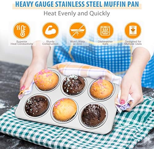 E-far Muffin Pan Set of 4, Stainless Steel Muffin Pan Tin for Baking, 6-Cup Metal Cupcake Pan Tray, Non-toxic & Healthy, Oven & Dishwasher Safe, Regular Size - 11.44 x 7.12 x 1.25 Inch