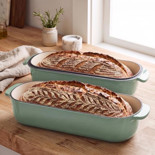 EDGING CASTING Enameled Cast Iron Loaf Pan with Lid, Bread pan, Dutch Oven Bread pan for Homemade Sourdough Bread Baking, 12.5x5.5 inch, 5qt, Sage Green