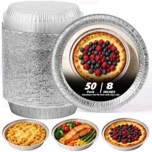 50Pack 8" Round Aluminum Foil Pans with Clear Lids – Pie Tins Disposable to go Containers with lid for Baking, Storing Leftovers, and Meal Prep, Freezer & Oven Safe Baking Pan