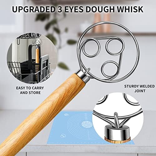 TEEVEA Danish Dough Whisk Wooden Handle Stainless Steel for Sourdough Bread