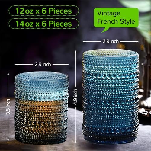 Vintage Hobnail Drinking Glasses Set of 12-14 oz Old Fashioned Glass Cups & 11 oz Cocktail Glasses, Aesthetic Kitchen Bar Tumbler Glassware Gifts Sets, Blue (12Pcs Blue XL)