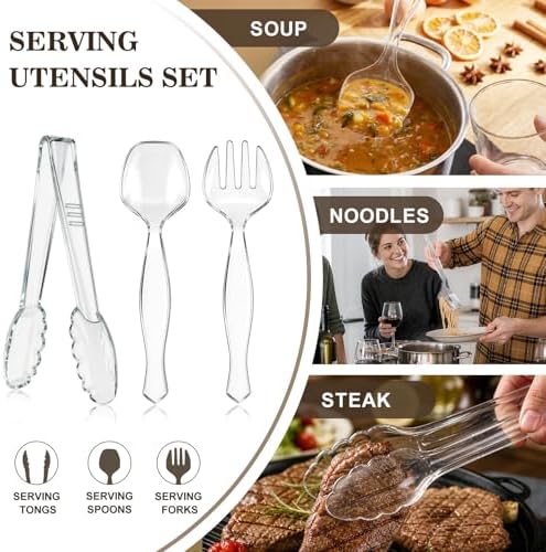 Mwellewm 36Pcs Serving Utensils Large Plastic Serving Utensils Set Serving Spoons for Buffet Clear Disposable Plastic Tongs 8.5'' Heavy Duty Slotted Spoons/Forks Supplies for Party Food Salad Soup