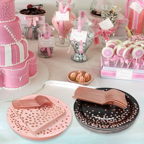 Serve 35 Guests Black and Rose Gold Paper Plates and Napkins Party Supplies