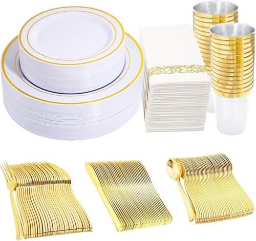 350 Pieces White and Gold Plastic Plates - 50 Guest Dinnerware Set Include 100 Plates, 50 Gold Plastic Silverware, 50 Paper Napkins and 50 Cups for Wedding/Baby Shower/Birthday/Party