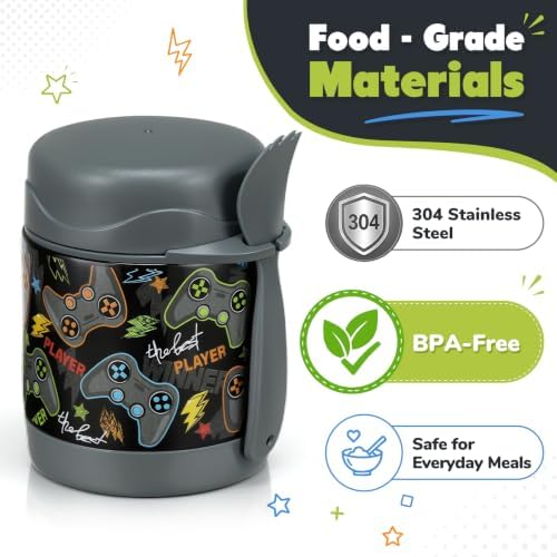 10oz Soup Thermo for Hot Food Kids,Lunch Thermo Kids Food Jar with Spoon Hot Insulated Food Containers,Leak Proof Stainless Steel Wide Mouth Lunch Food Thermo Jar for School(Black-Game Console)