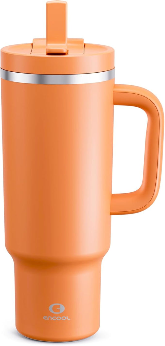 40 oz Tumbler with Handle and Straw: Stainless Steel Insulated Tumbler Keeps Cold for 24 Hours, Leakproof Travel Cup Fits in Cup Holder and BPA-Free,Moderate Orange