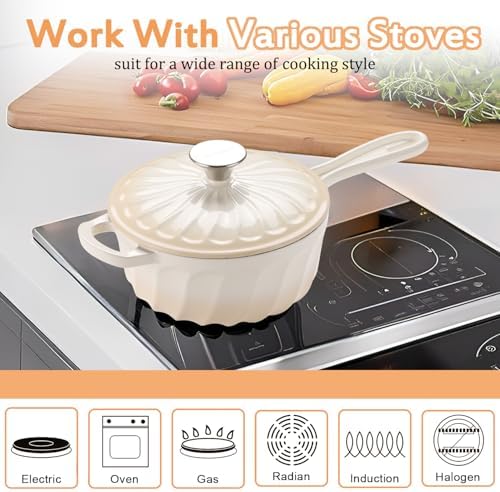 Enameled Cast Iron Sauce Pan with Lid, 2 Quart Saucepan with Lid