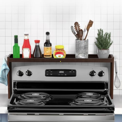 IIIOIIIA Bamboo Over the Stove Spice Rack Organizer Shelf for Kitchen, 31.5" with 6 Hooks, 11.4" Height Extra Storage Countertop, Easy to Assemble, Walnut