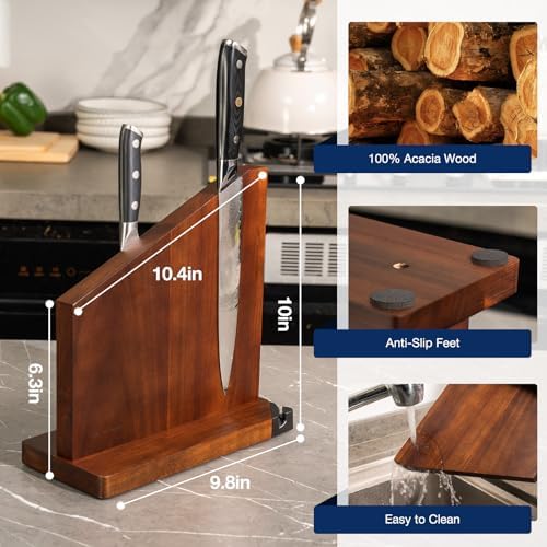 Gourmetop Magnetic Knife Block with Sharpener, Double Sided, Dark Acacia