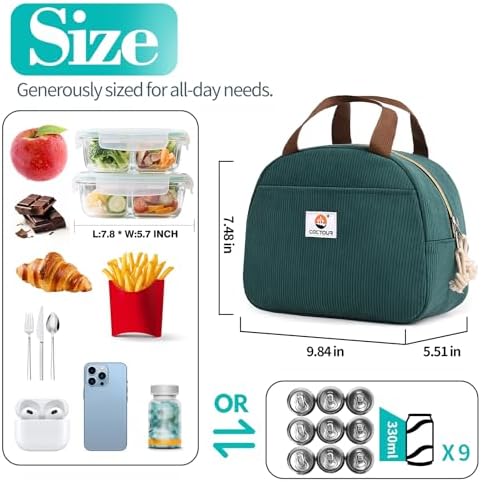 CaCTOUR Lunch Box for Women Girls Teens,Cute Lunch Box Cooler Bag, Portable Insulated Small Lunch Bag Women Reusable Corduroy Lunch Tote for Work/Travel/Picnic/School (Light Pink/Lake Green,Small)