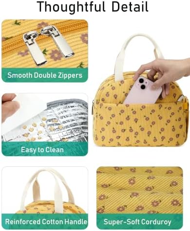 Lunch Box Lunch Bag Insulated Lunchbox Cute Reusable Lunch Tote bags for School Work Picnic for Kids Girls Women (Yellow Floral)