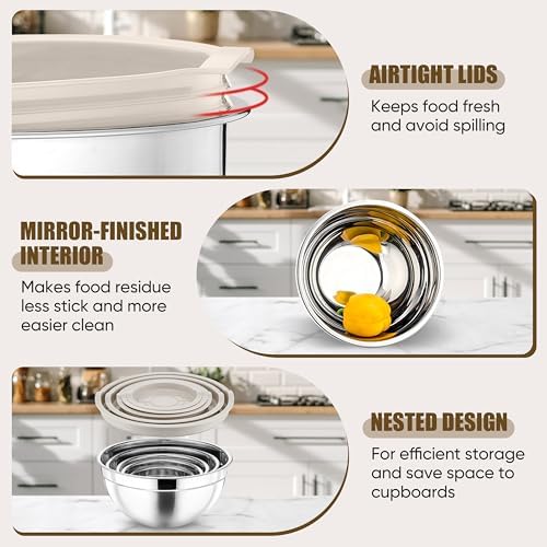 P&P CHEF Metal Mixing Bowls with Lids Set, Airtight Lids & Khaki