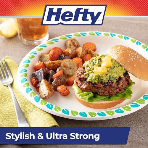 Hefty Compostable Paper Plates, 10 Inches, 20 Count, Patterned Disposable Plates for BBQs, Parties, Holidays, and Everyday Use, Soak-Resistant, Made with Plant-Based Materials, Microwave Safe