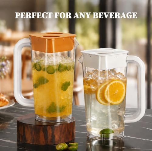 CURTA 2 Pack Plastic Pitcher with Lid, 2L Heavy-Duty Shatterproof Pitchers Clear Water Pitcher with Handle for Lemonade, Coffee,Iced Tea, Milk, Juice, Beverages