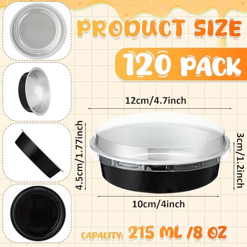 Yinder 8 oz Disposable Creme Brulee Ramekins with Lids, 4 Inch Mini Pie Tins Aluminum Foil Pie Tart Cake Baking Pans Individual Round Containers Oven Safe(Black & Silver,120 Pcs)