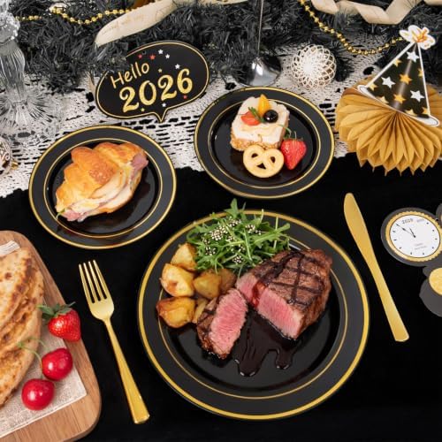 WDF Partyware 175PCS Black and Gold Plates - Black Disposable Plates for Party - 25Guests Disposable Dinnerware Set for Wedding/Party/Birthday/Halloween