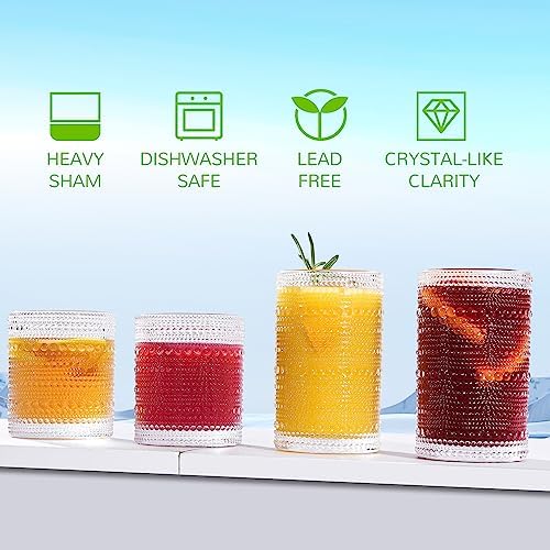 Vintage Hobnail Drinking Glasses Set of 12-14 oz Old Fashioned Water Glass Cups & 11 oz Cocktail Glasses, Aesthetic Kitchen Bar Tumbler Glassware Gifts Sets for Smoothie, Juice, Coffee, Wine