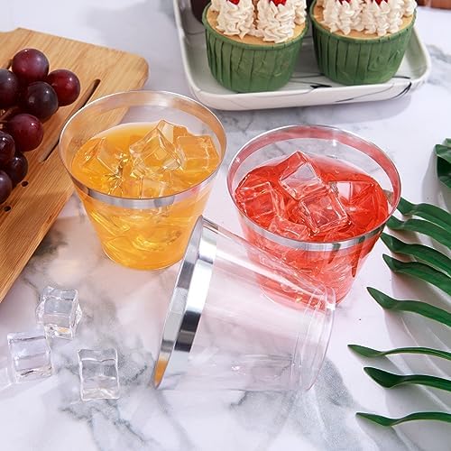 I00000 100PCS Silver Plastic Cups, 9 OZ Disposable Clear Plastic Cups