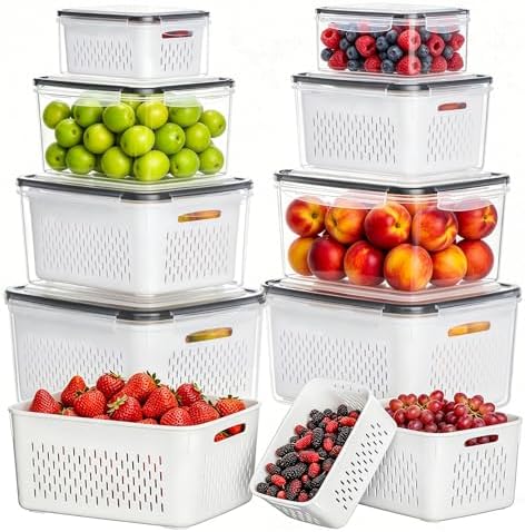 HOMETALL 8 Pack Fruit Storage Containers for Fridge, Produce Containers for Fridge with Colander, Leakproof Fridge Organizers and Storage for Berry Vegetable Salad Lettuce Meat Food