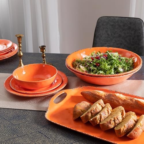 Melamine Serving Tray with Handles, 19“ x 12" Vintage Rustic Large Rectangular Melamine Serving Platter for Serving Food, Breakfast Tray, Set of 2, Dishwasher Safe, Orange